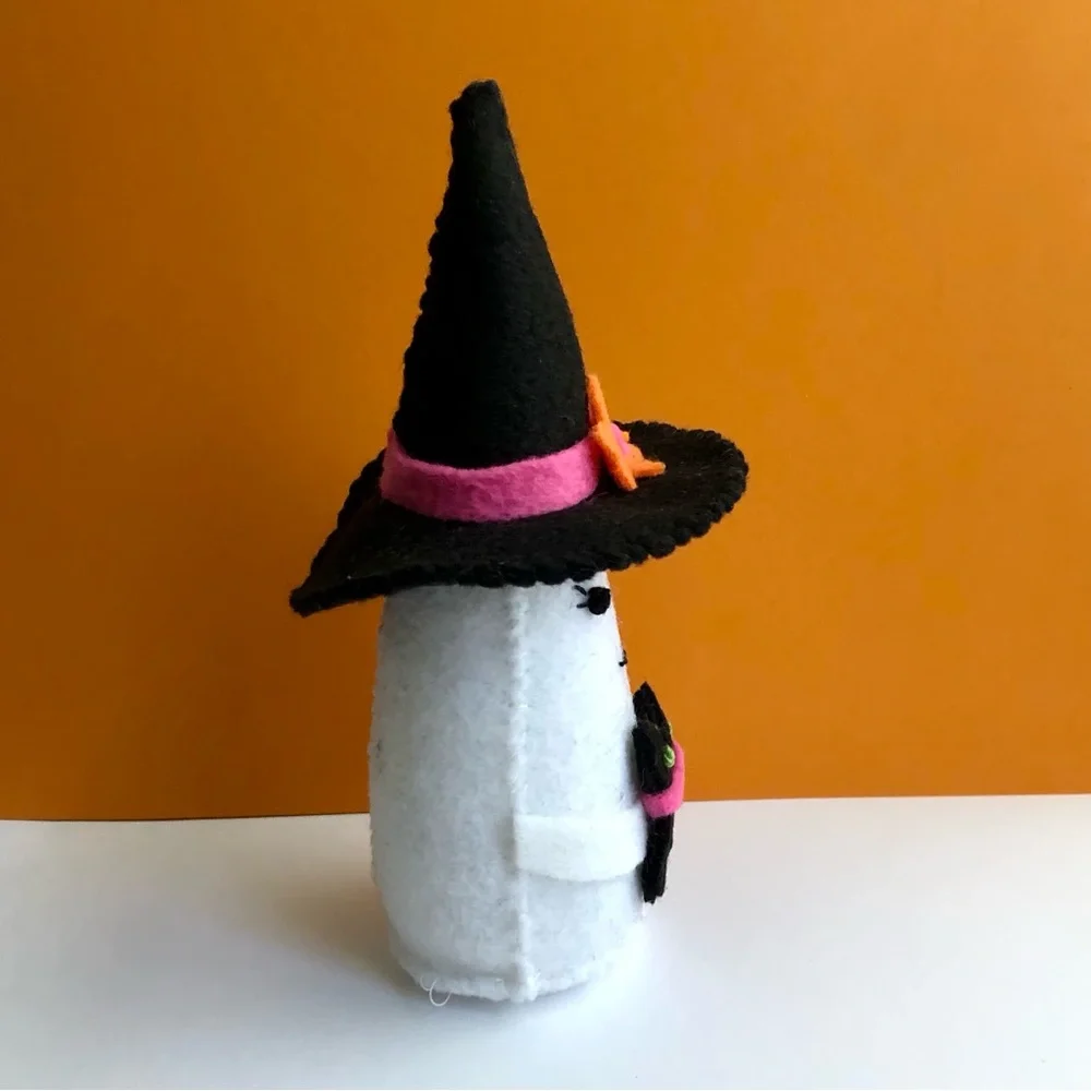 Hand-sewn felt Witch Ghost black cat, summerween handmade embroidery art doll